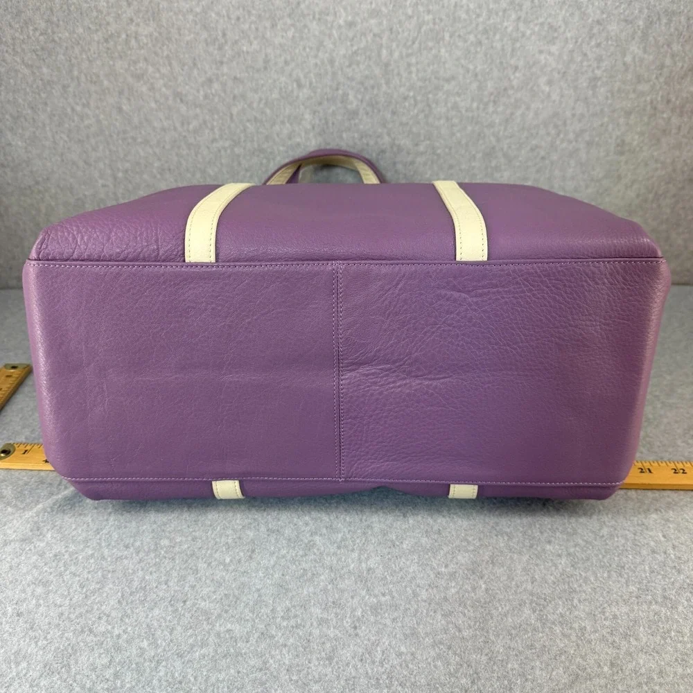 Levenger Leather Duffel Travel Weekend Touring Bag Grape Purple Cream Strap NEW
